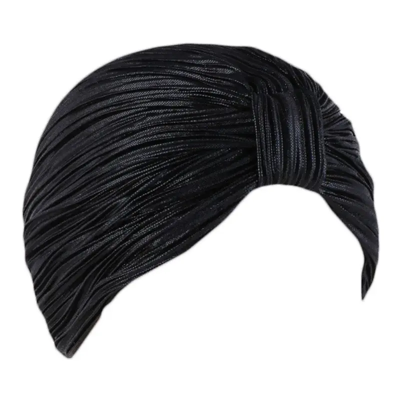 

Womens Wrinkled Knotted Turban Hat Rave Hologram Shimmer Solid Color India Muslim Chemo Stretch Hair Loss Beanie Head