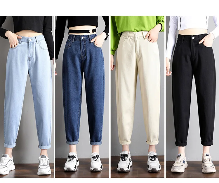 

Elastic Waist Black Jeans Korean Fashion 4 Collor Mom Jeans High Waist Jeans High Street Plus Size Denim Pants Street Style