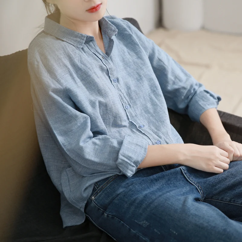 

Spring Summer New Women Loose Plus Size All-match Vintage Plaid Natural Fabric Comfortable Breathable Thin Linen Shirts/Blouses