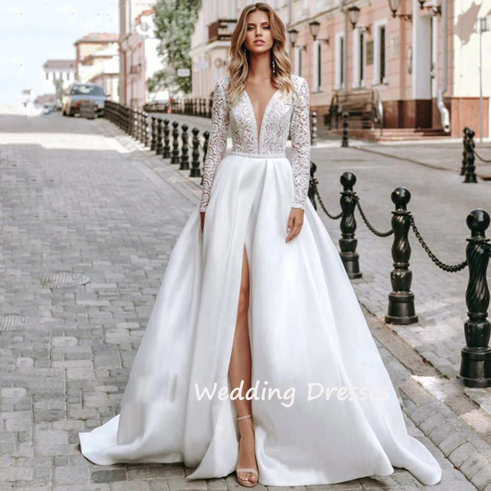 

gy Plus Size Robe de mariee Long Sleeve Lace Wedding Dresses Satin V Neck Bridal Dress High Split A-line Wedding Gown
