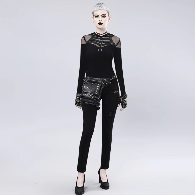 

Women Shoulder Bag Purse Black Gothic Rock PU Leather Steampunk Waist Pack Vintage Punk Portable Messenger Bag Black