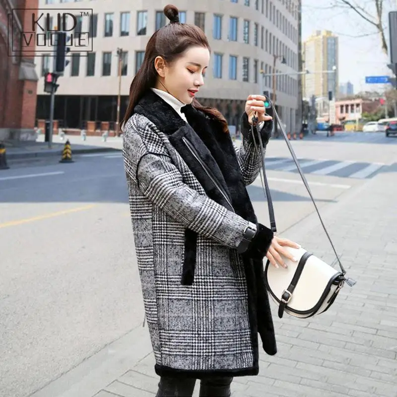Женское клетчатое пальто из искусственной овечьей шерсти Повседневная зимняя
