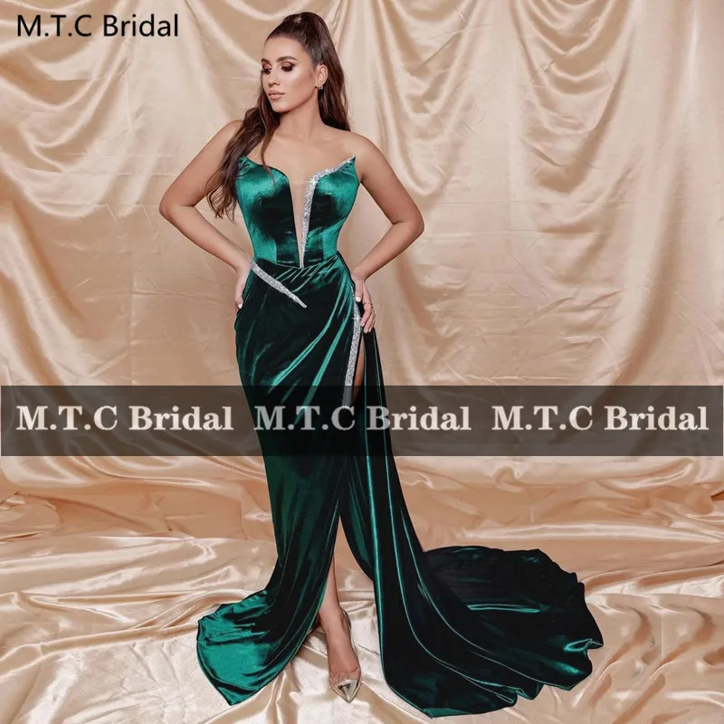 Emerald Green Sexy High Slit Prom Dresses Shiny Silver Crystals Sweetheart Straight Silk Satin Formal Gowns For Wedding Party