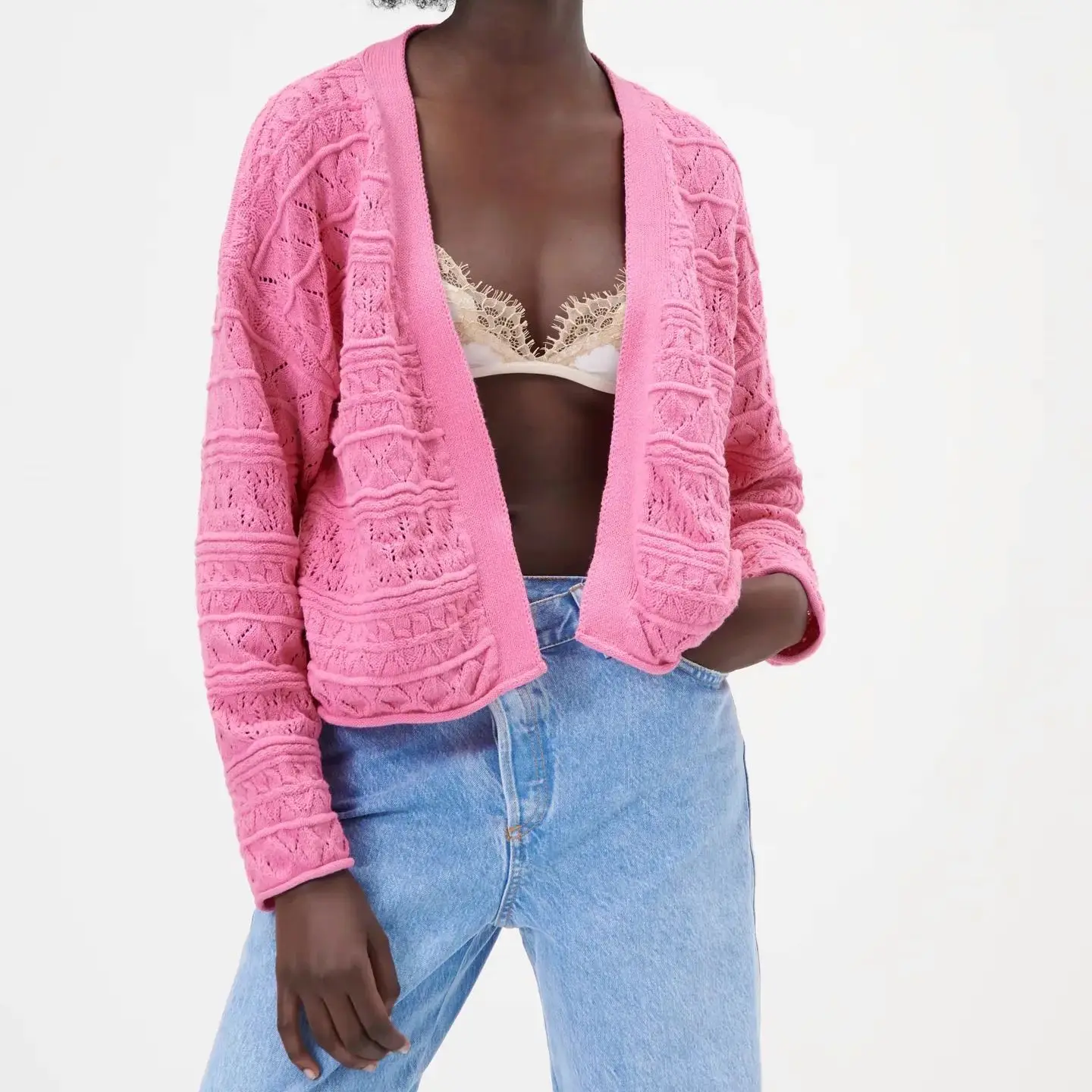 

KRSB 2021 Spring Autumn Women's Knitted Hollow Design Sweater Cardigan Long Sleeve Loose Comfortable ZA Style