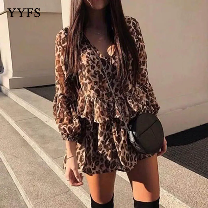 Primavera señoras elegante Sexy Deep One cuello vestido mujer leopardo impreso Vestidos Fiesta Vestidos|Футболки| |