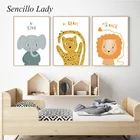Милый Постер для детской комнаты с животными, слон, лев, леопард, мультяшная картина, печать на холсте, Настенная картина в скандинавском стиле, декор для детской комнаты