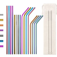 10pcs colorful 304 stainless steel drinking straw reusable metal straight bent straws set with brush bag party bar accessories
