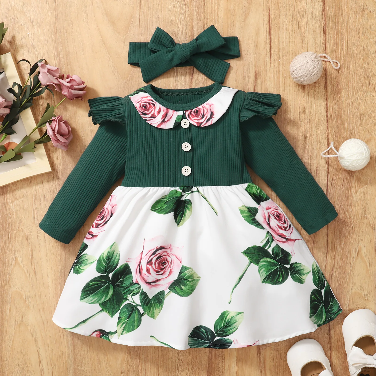 

6M-4T Toddler Girl Dresses Long Sleeve Green Floral Print Button Patchwork Dress + Headband Kids Baby Girl Clothes