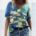 Женские футболки с рисунком хризантемы, модная повседневная одежда, яркие футболки с V-образным вырезом
