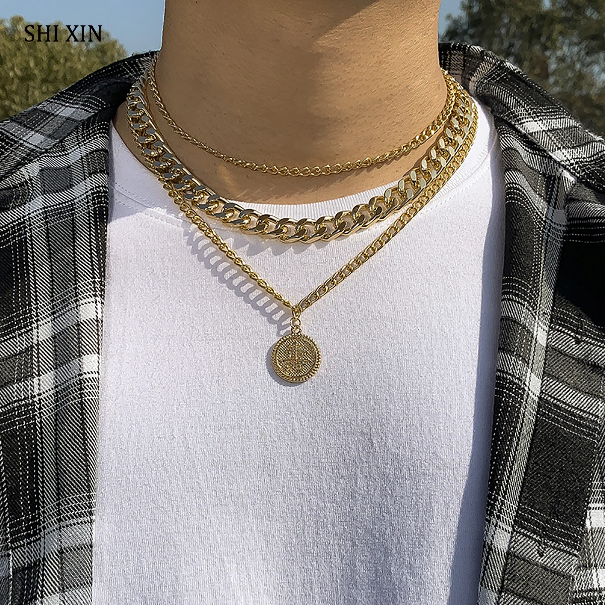 

SHIXIN Hip Hop Chinese Character Coin Pendant Necklace Men Punk Thick Chains Choker Necklaces Set for Women 2021 Fashion Jewelry