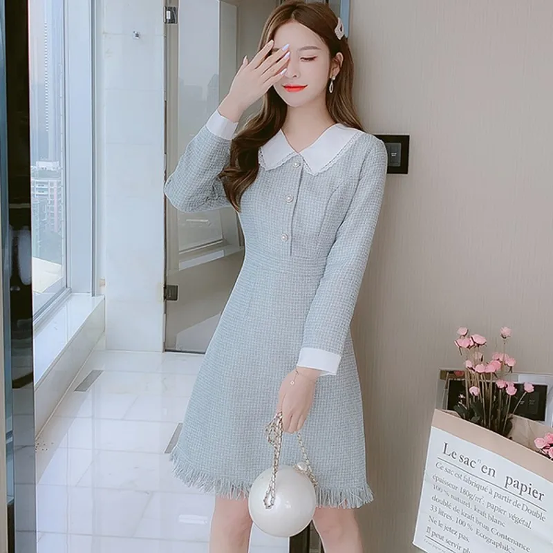 

Женское твидовое платье с длинным рукавом, Повседневное платье из твида, Осень-зима 2021