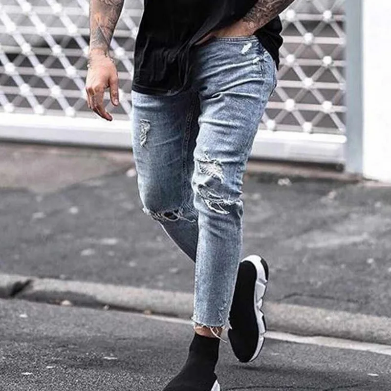Мужские джинсы рваные байкерские с дырками повседневные Прямые в стиле панк-рок