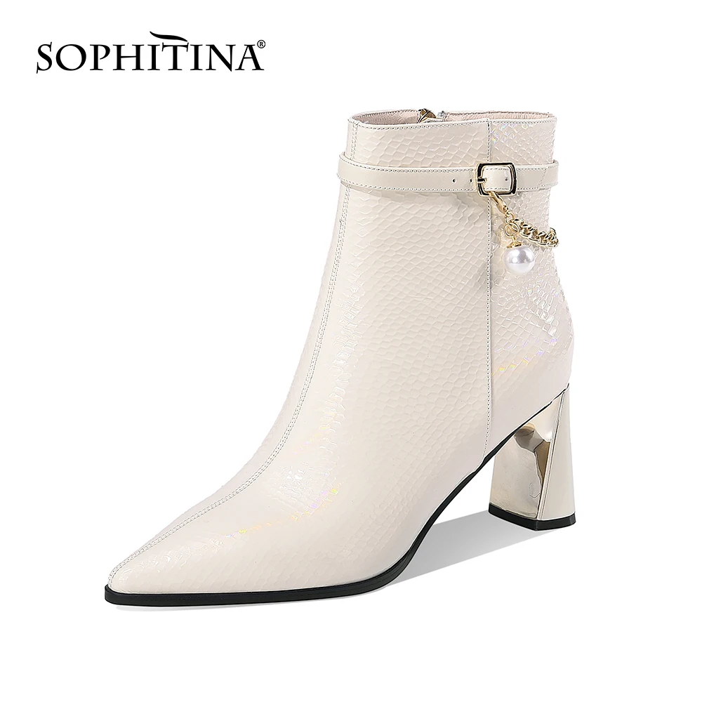 

Ботильоны SOPHITINA женские элегантные, металлическая цепочка, ремень, пряжка, заостренный носок, кожа, жемчуг, платье, женская обувь YO455