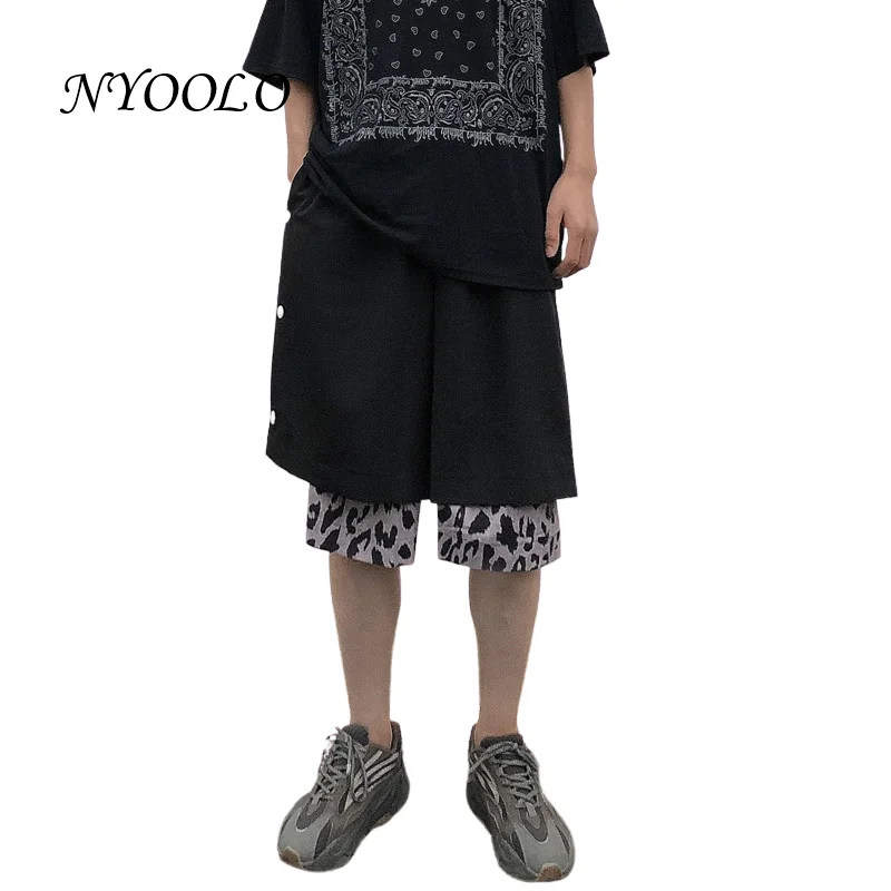 

NYOOLO Harajuku Streetwear Leopard Patchwork Split High Waist Shorts Women Men Summer Elastic Hip Hop Black Knee Length Shorts