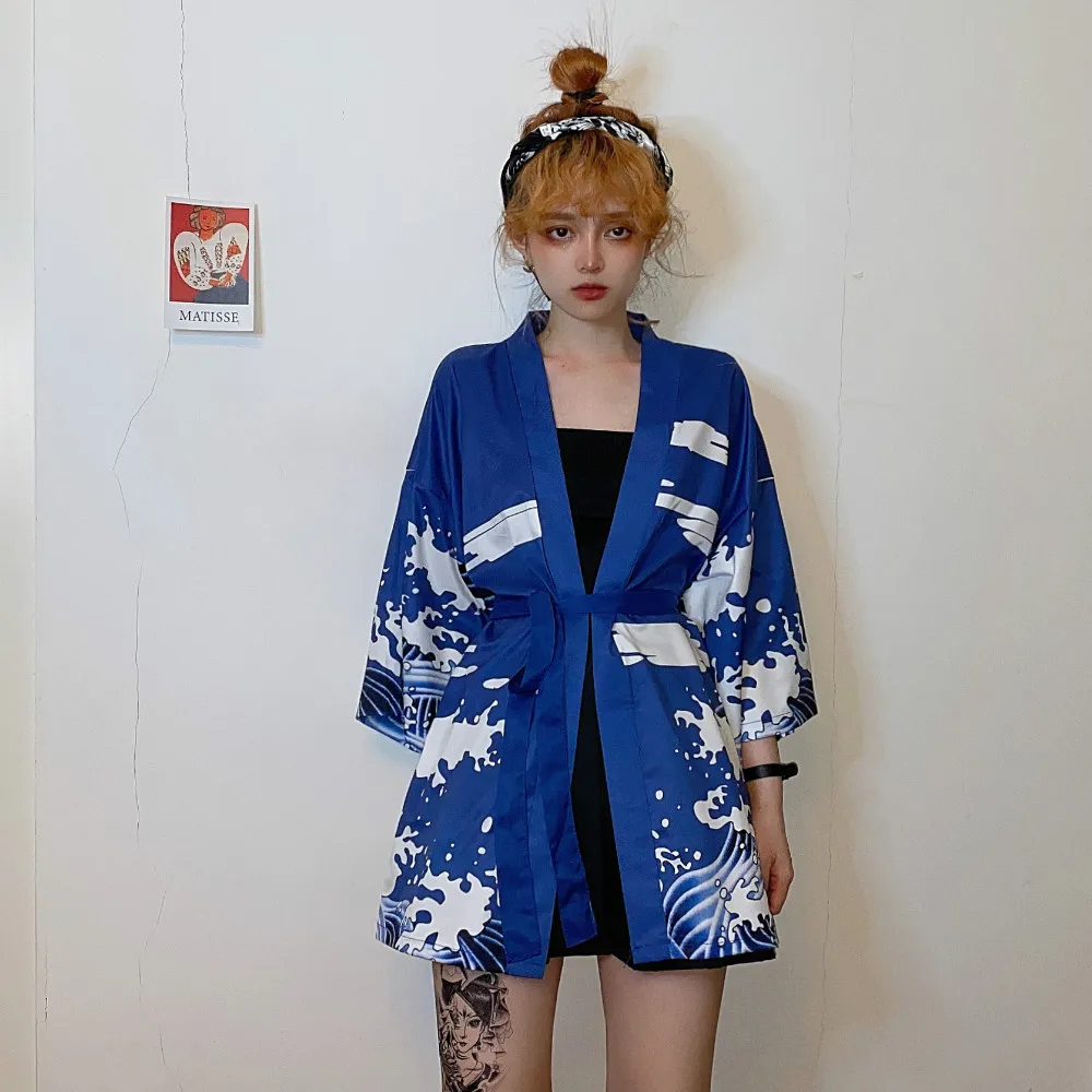 Женская кардиган Хараджуку с развязанными пуговицами сине-черного цвета 2020 года, японская мода кимоно, летняя блузка, повседневная женская одежда, кимоны для косплея.
