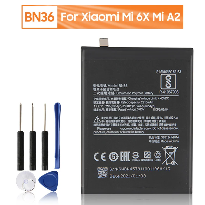 

Xiao Mi BN36 Battery For Xiaomi 6X BN36 Replacement Phone Battery 3010mAh With Free Tools