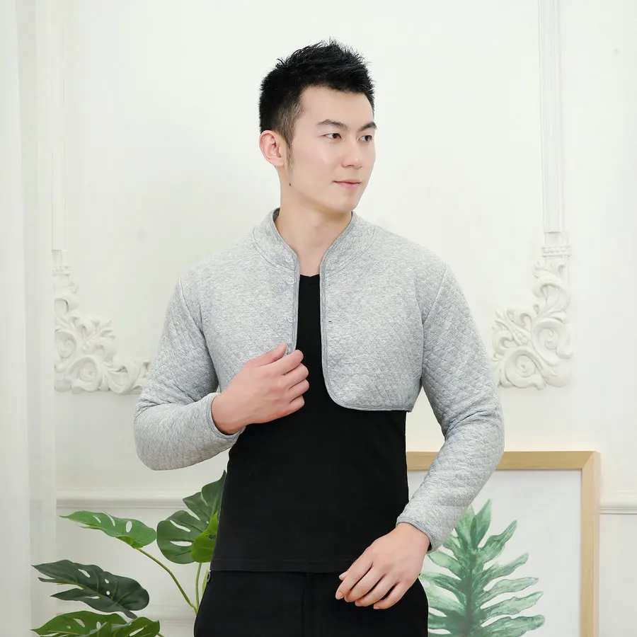 Autumn Winter Men Quilted Bolero Coat Beige Gray Mandarin Collar Long Sleeve Cotton Soft Thicken Lightweight Shoulder Pad Jacket