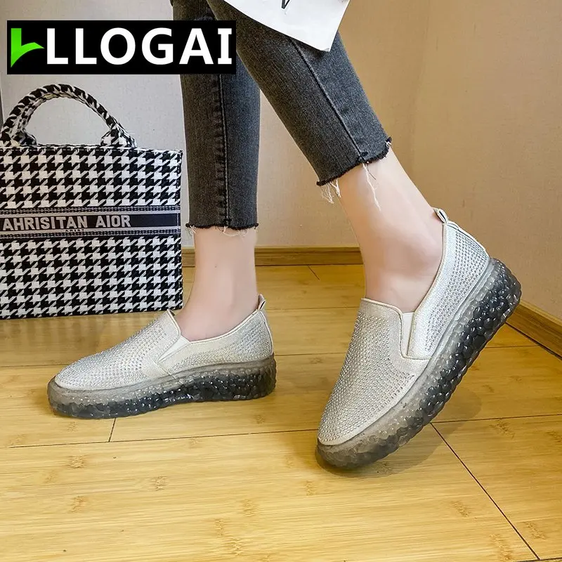 

Fashion Shiny Crystal Oxford Flat Heel Shoes Women Slip on Round Toe Loafers Woman Non Slip Office Single Shoes Ladies Shoes New