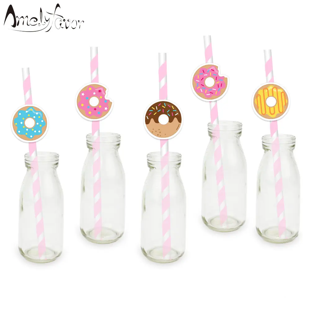 Donuts Theme Party Paper Straws Tea Time Colorful Donut Dessert Decorations Party Supplies Paper Drinking Straws Event Supplies