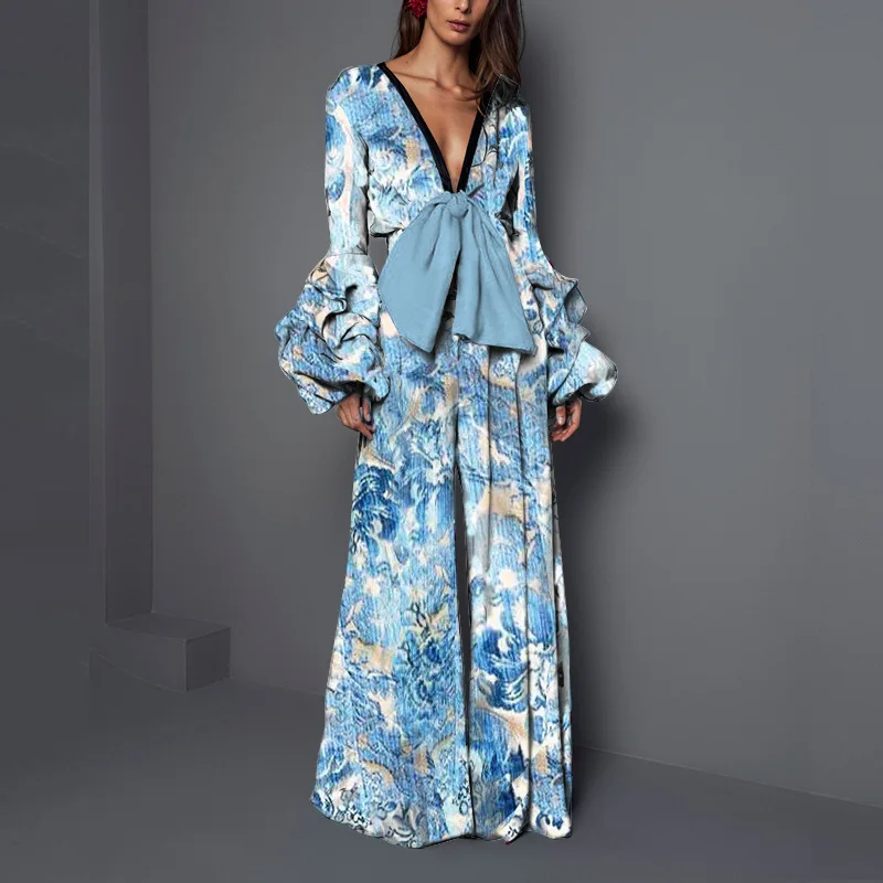 

Mandylandy Women Elegant Bowknot Print Jumpsuit Lady Sexy Long Sleeve Deep V Neck Loose Romper Wide Leg Trouser Overalls
