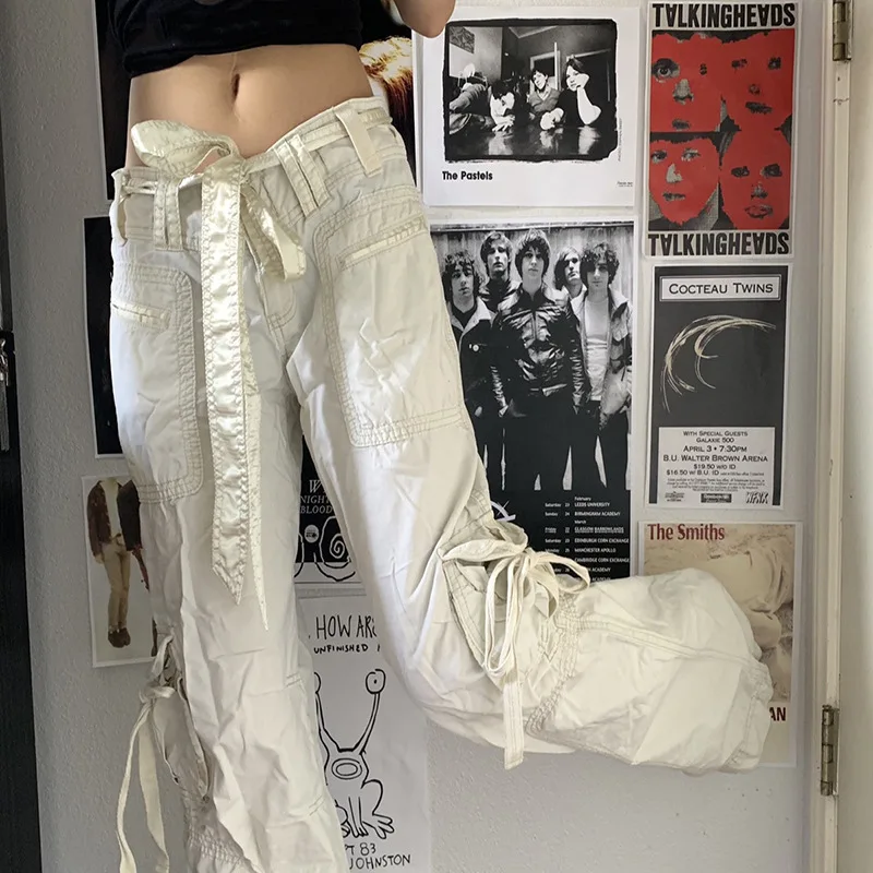 

MyErato Solid Color Low Waist Trousers With Patchwork Pocket Bandage Women's Pants Cyber Y2k Jeans Fall 2021 Women New Arrival