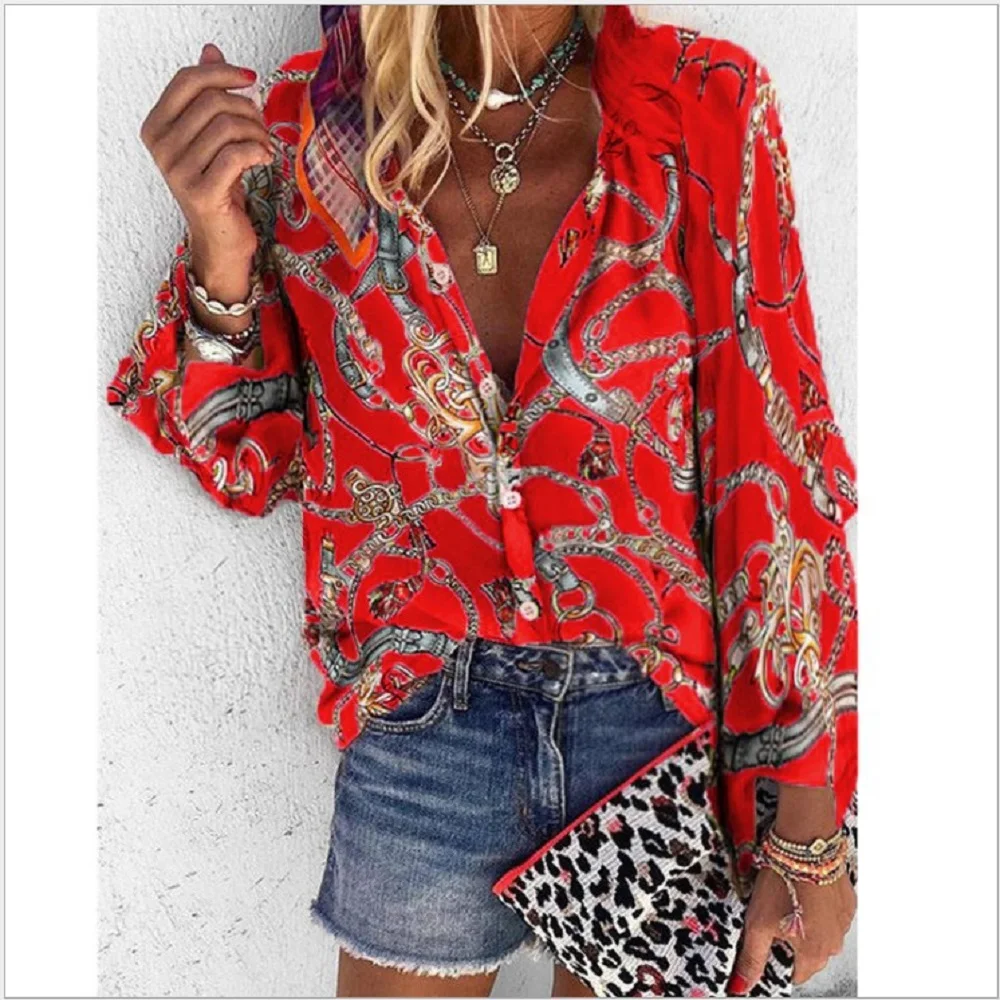 

2020 New Design Plus Size Women Blouse V-neck Long Sleeve Chains Print Loose casual Shirts Womens Tops And Blouses
