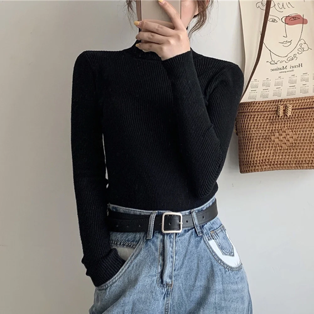 

Autumn Winter Women Knitted Sweater Ribbed Long Sleeve Turtleneck Slim Jumper Soft Warm Pullover Tops