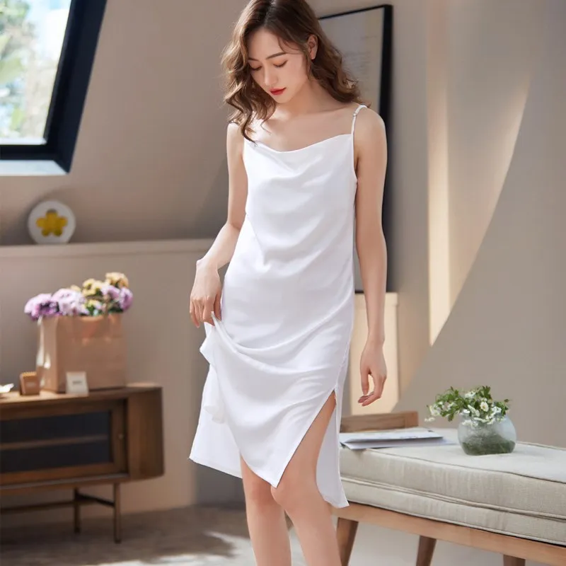 Белые однотонные Сексуальная Ночная сорочка ночная рубашка с разрезом летнее