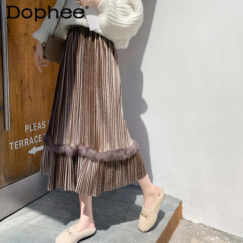 

Pleuche Patchwork Rabbit Fur Long Skirt Women 2021 New Autumn Winter Faldas Loose Mid-Length High Waist A- Line Pleated Skirt