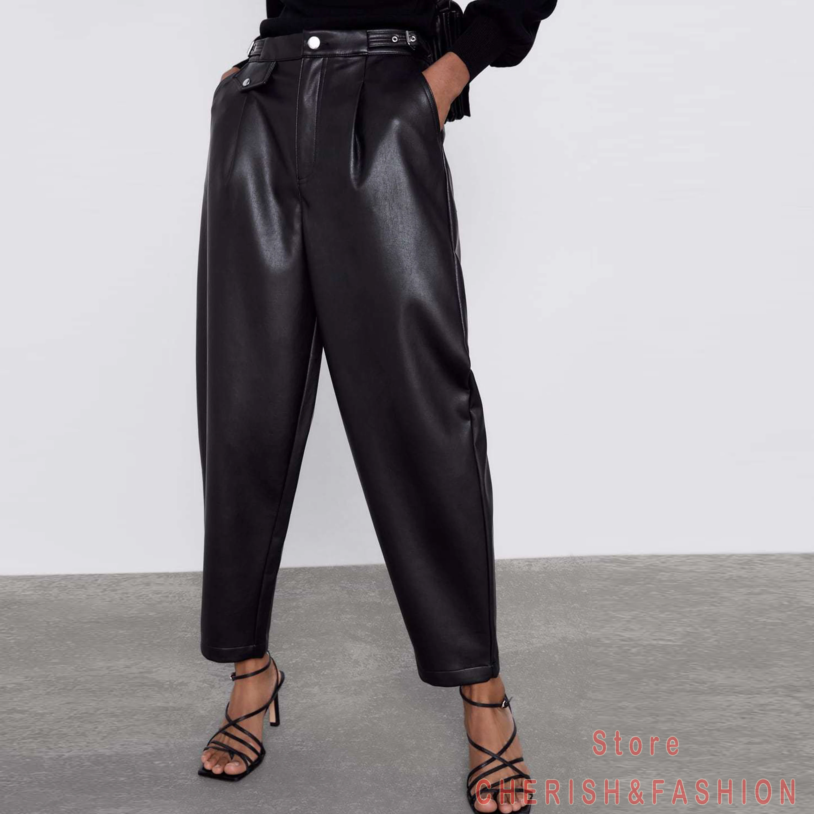 

Брюки женские из искусственной кожи, с высокой талией, черные, с карманами, на молнии, 2020