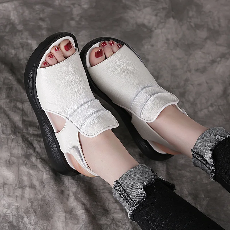 

HOVINGE 2020 Summer Shoes Thick Bottom Platform Sandals For Women Genuine Cow Leather Fashion Wedges Peep Toe Women Sandals