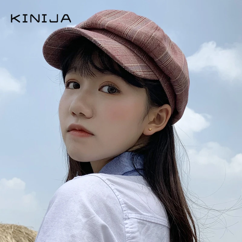 Берет в клетку из мягкого хлопка для женщин и девушек осенне зимняя