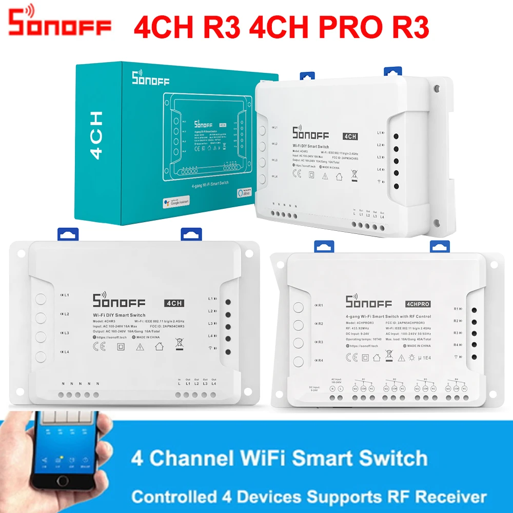 Sonoff 4CH R3 /4CH PRO R3 4 Gang Smart WIFI Switch 433MHZ Din Rail Mounting Wireless Remote Control Timer DIY Switch Via Ewelink