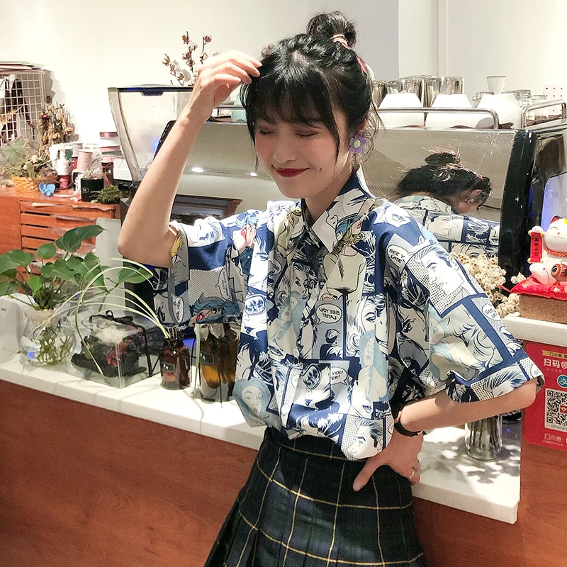 Женская летняя рубашка в Корейском стиле Ulzzang милая винтажная с короткими