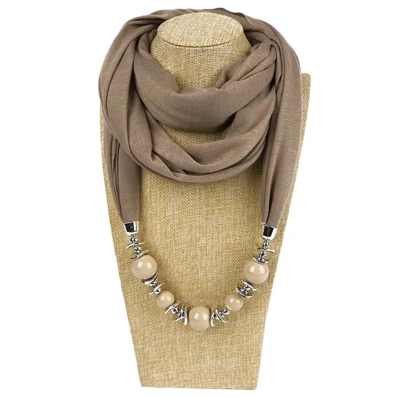 

Womens Fashion Neckerchief Ring Scarf Necklaces Beads Solid Color Jewelry Shawl