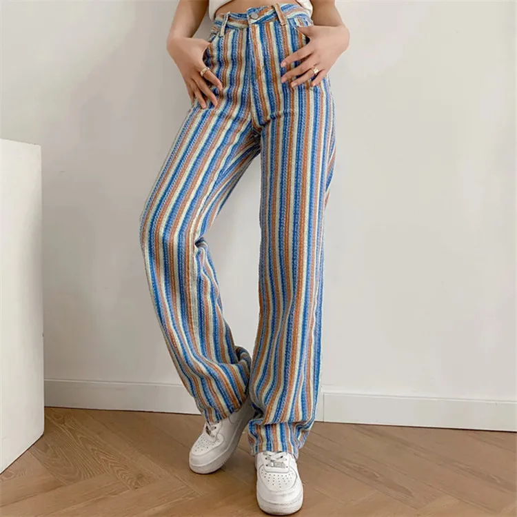 

colorful stripe high waisted casual denim pants cargo pants women