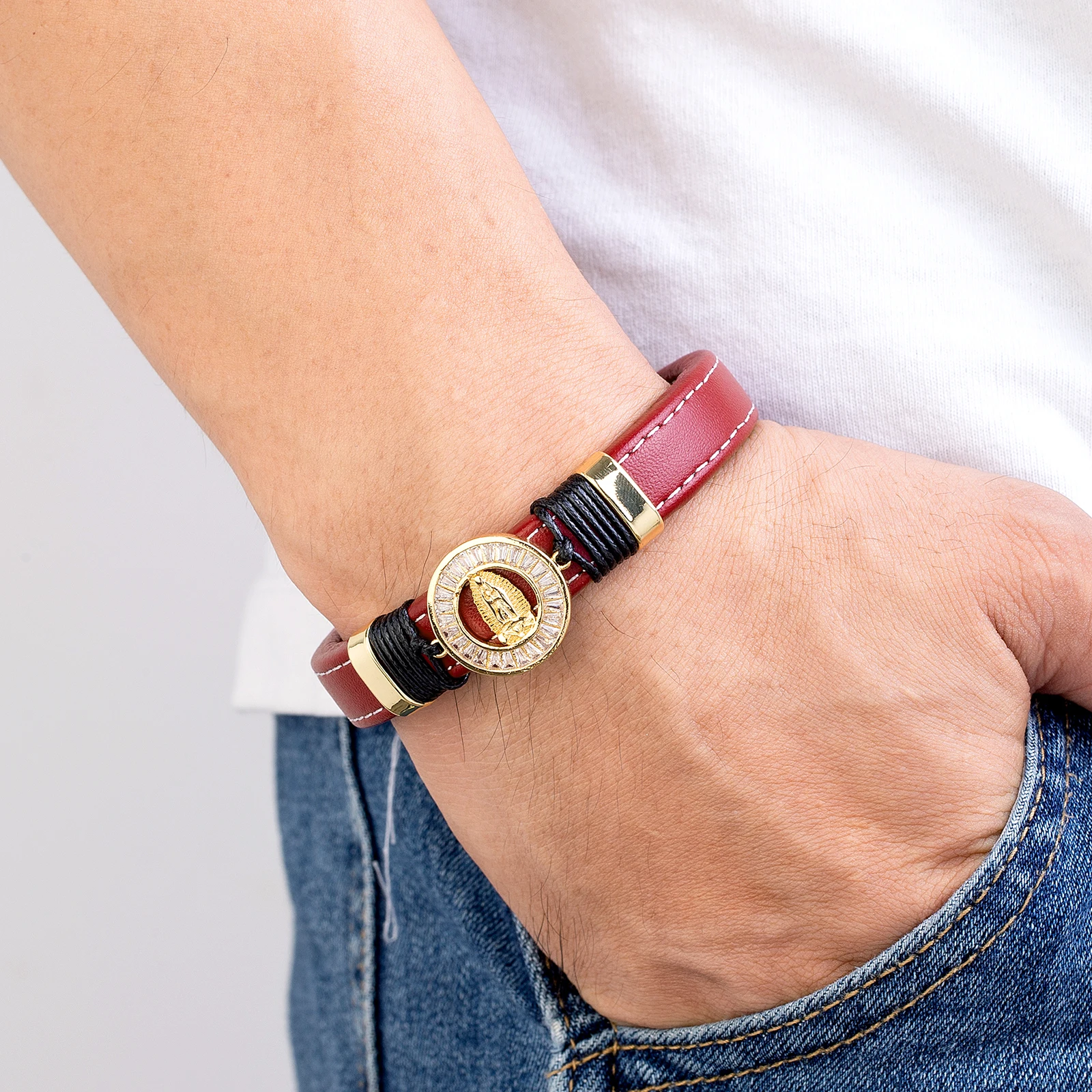 Широкий кожаный браслет с микро-инкрустацией из циркония для мужчин и женщин |