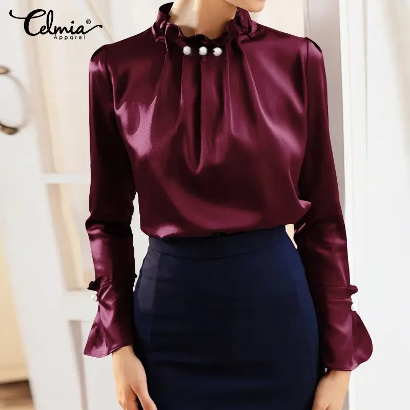 

Celmia 2022 Elegant Slik Satin Blouses Women Elegant Long Sleeve Tops Fashion Pearl Stand Collar Casual Solid Color Party Blusas