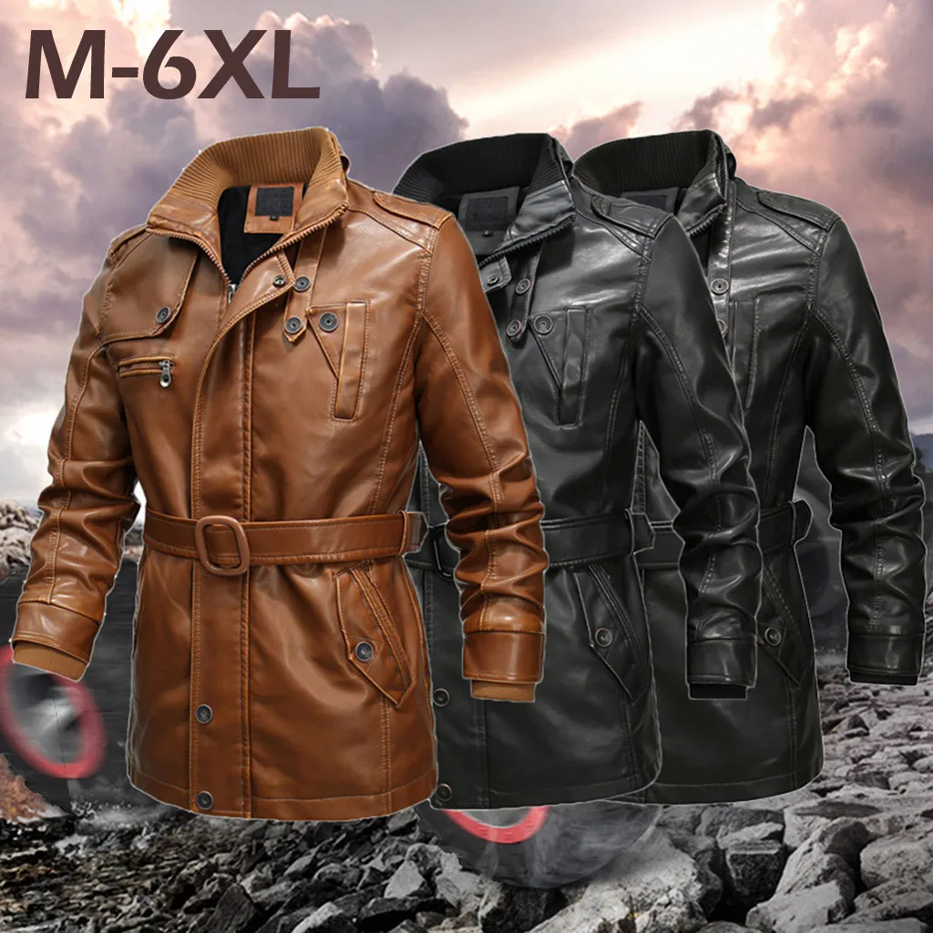 M-6XL, мужская кожаная куртка, зимние водонепроницаемые пальто из искусственного меха, мужские кожаные мотоциклетные куртки, одежда, Искусственная черная куртка на молнии с поясом