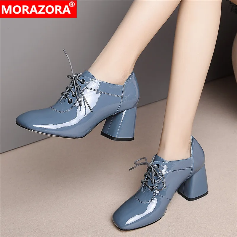 Женские туфли лодочки MORAZORA черные из натуральной кожи на шнуровке новинка