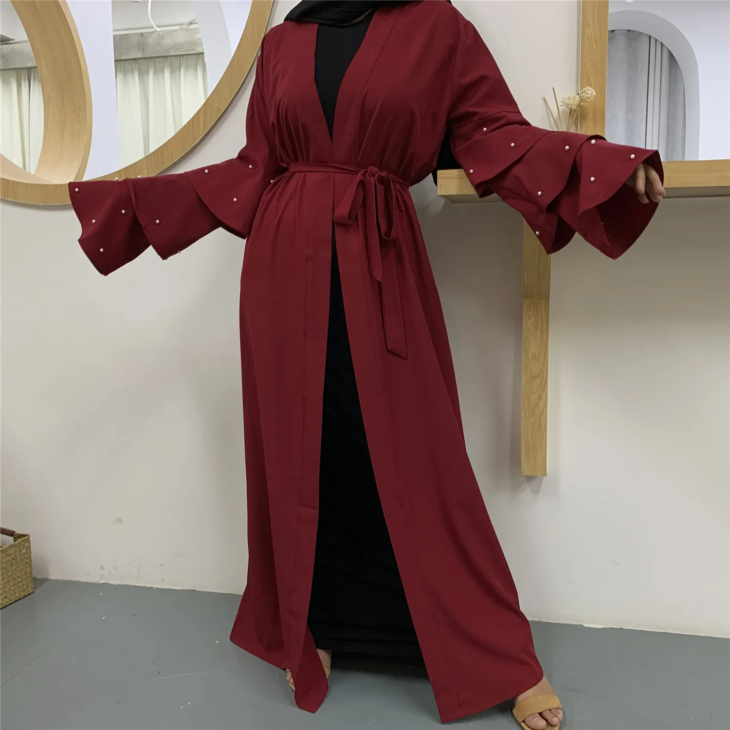 

Muslim Dress Muslim Fashion Beads Multi-layered Trumpet Sleeves Belt Cardigan Robe Middle East Duabi Abaya Turkey Robe Donsignet