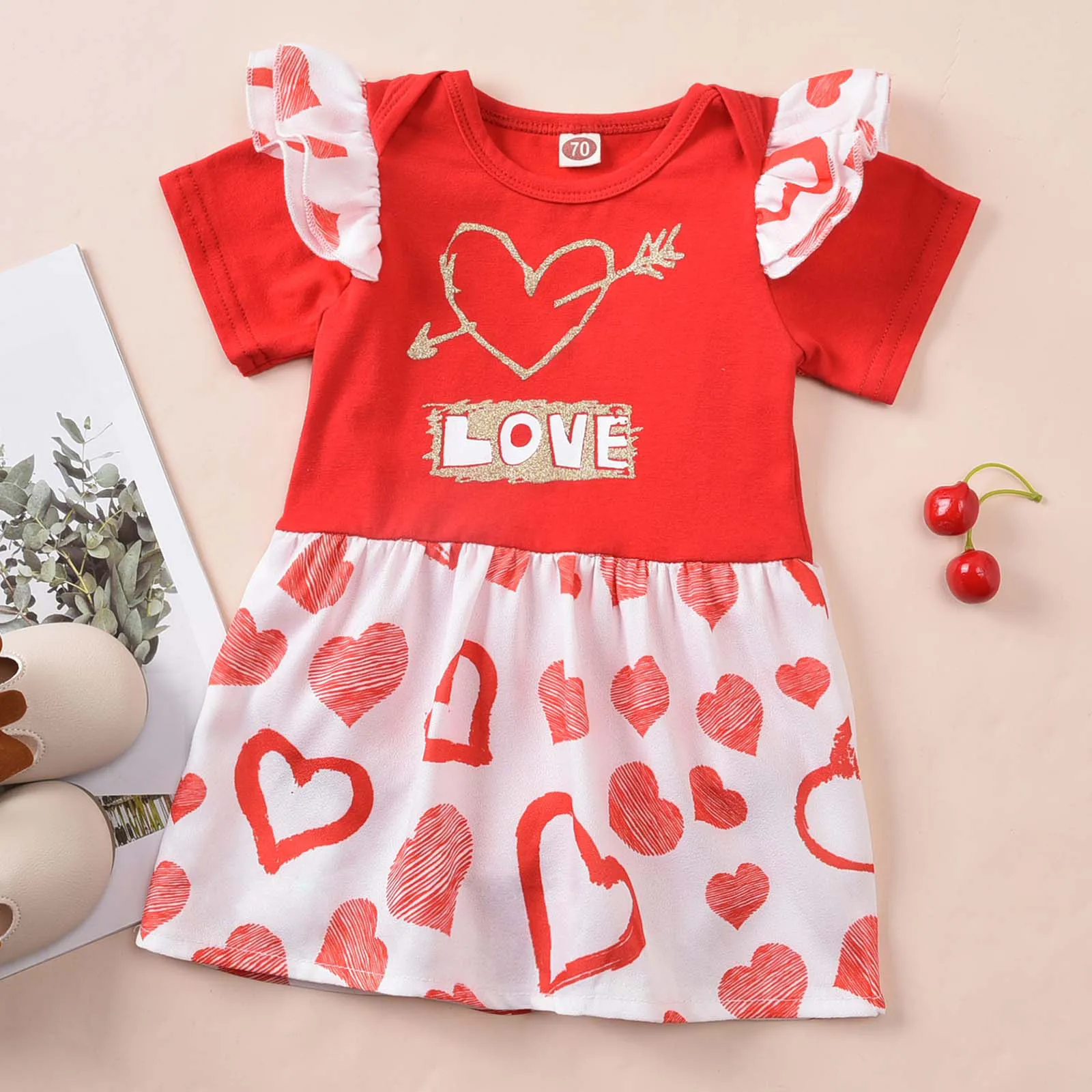 

Вечерние чное платье для девочек 0-12 месяцев на День святого Валентина, платье принцессы с надписью и сердечками, Летнее Детское платье с обо...