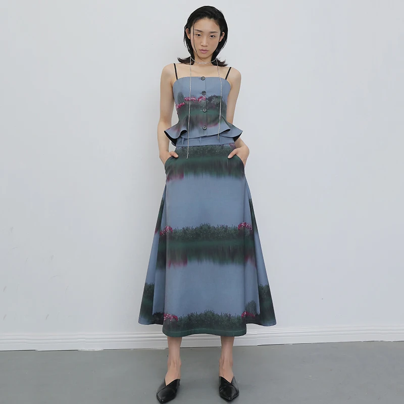 [EAM] женские Синие стразы с принтом Camis новинка v-образный вырез без рукавов