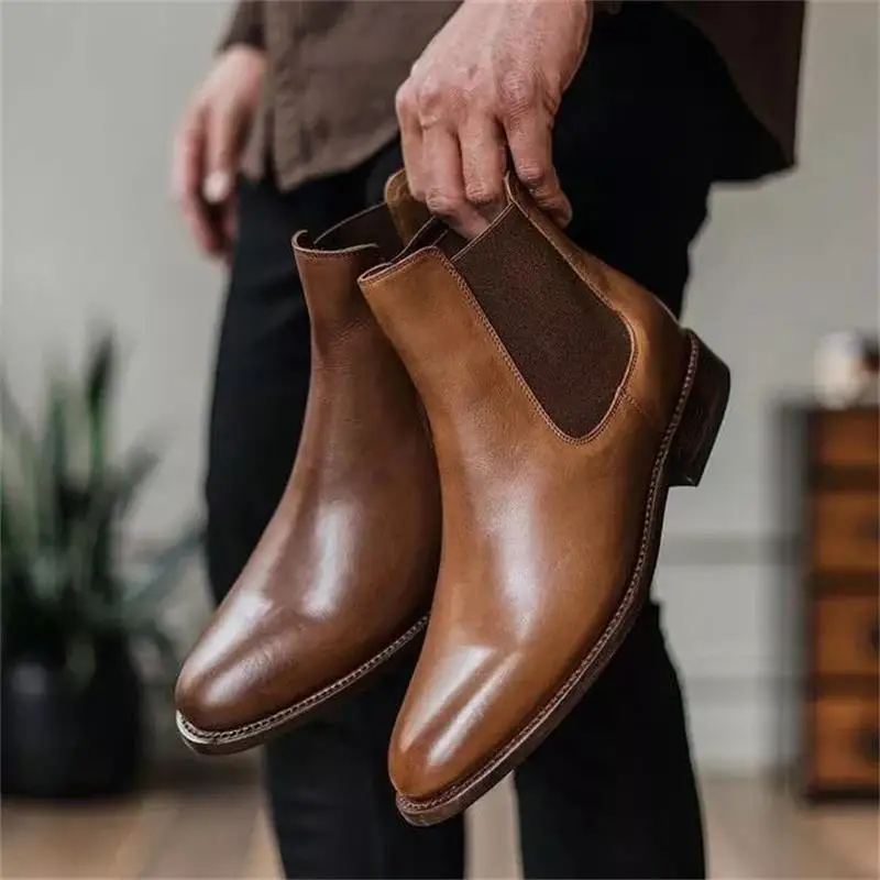 

New Men Shoes Handmade Brown PU Pointed Toe Low Heel Set on Classic Fashion Business Casual All-match Dress Chelsea Boots KR442