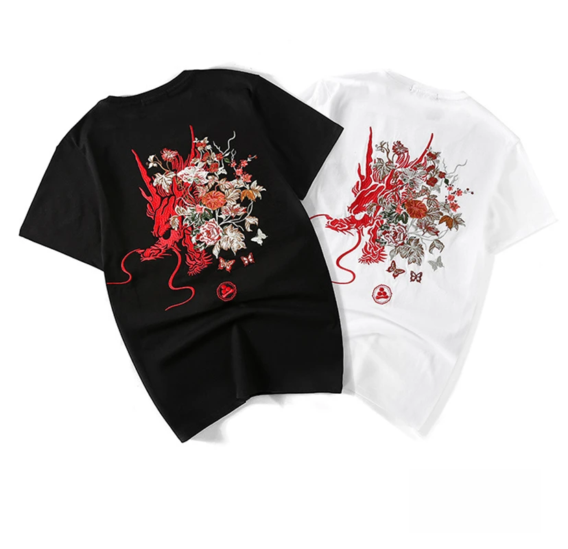 

Men Hip Hop T Shirt Streetwear Japanese embroidery flower Tshirt Short Sleeve Cotton Summer Harajuku T-Shirt Japan Style Pink