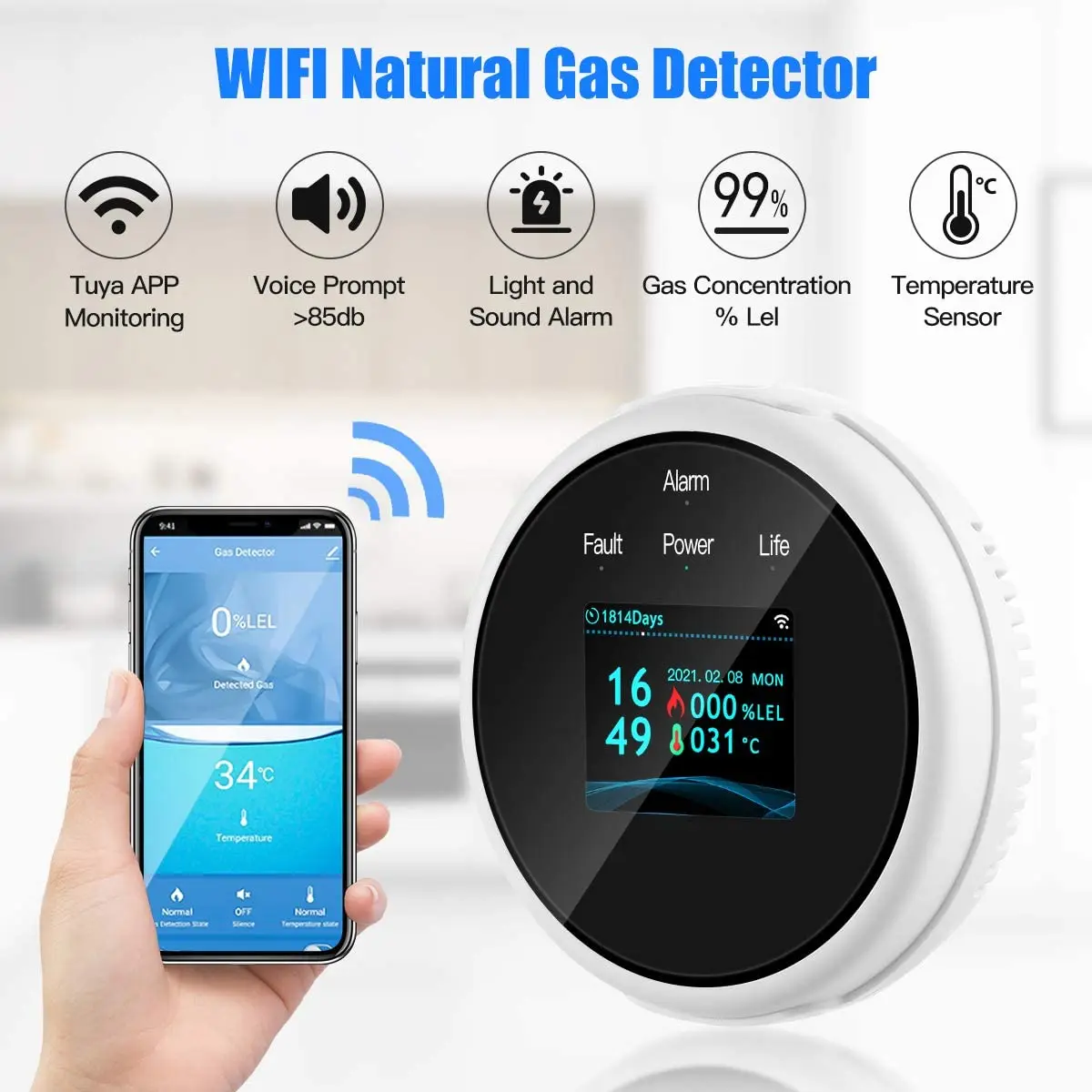 Датчик утечки газа Smart Life Tuya Wi Fi датчик температуры с ЖК дисплеем и сигнализацией