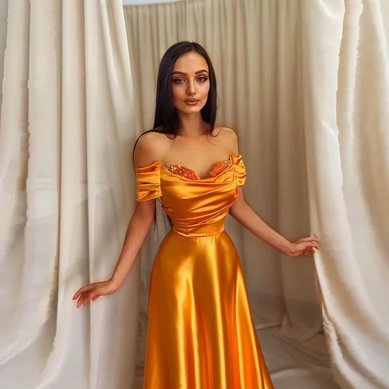 

Charming Gold Pretty Elegant Prom Dresses Off Shoulder Sequins Satin Long A-Line Women Formal Evening Pageant Gowns Custom Made