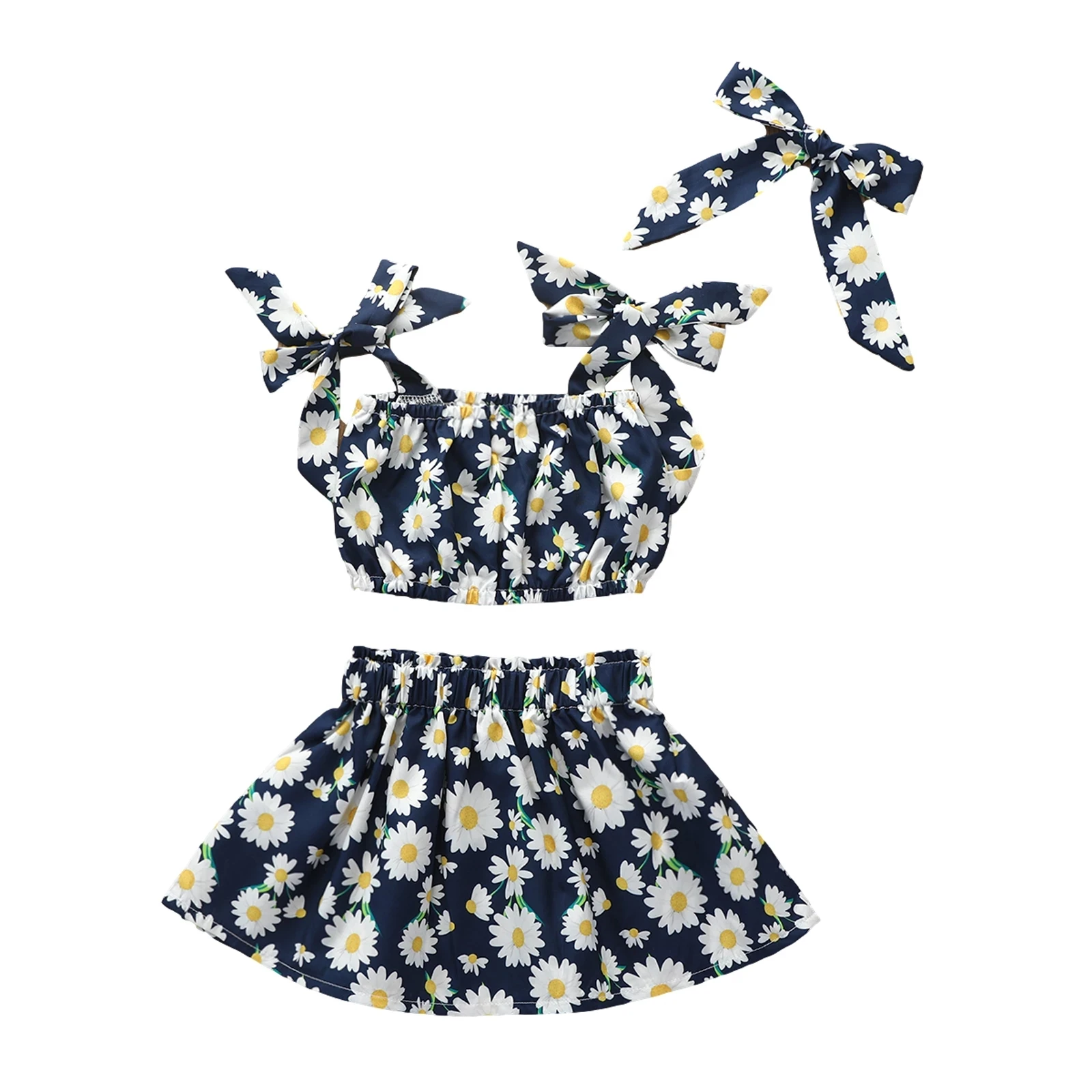 

2021 Fashion Summer Kid Girl Cute Clothes Sets Floral Print Off Shoulder Vest Tops Skirt Headband 3pcs Toddler Outfits