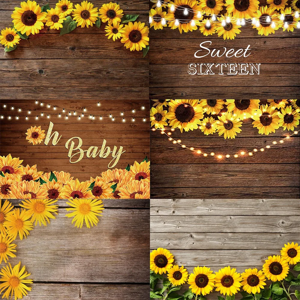 

Vibrant Sunflowers Vintage Wooden Board Backdrops Photo Background Decorations for Babies Birthday Party Photography Props