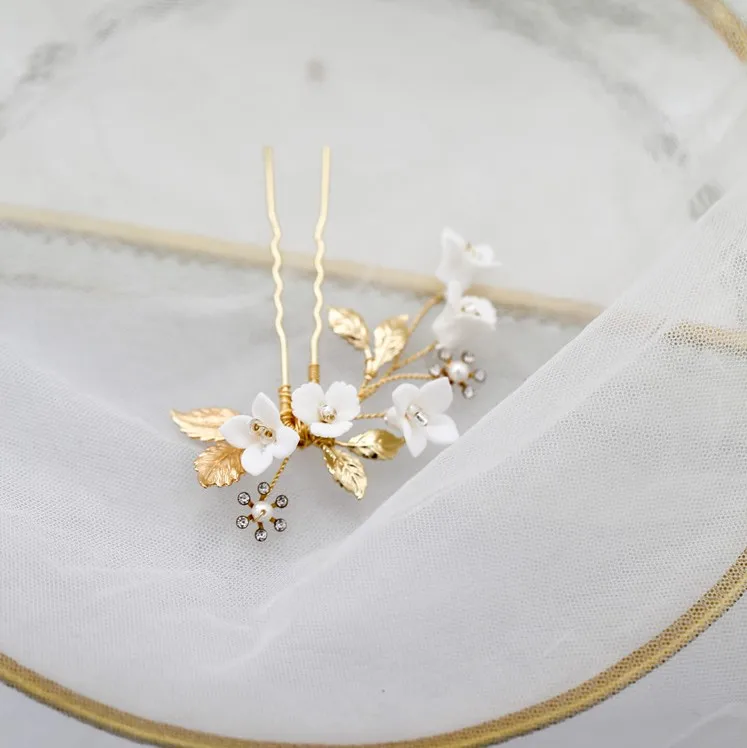 Нежный фарфор цветок свадебные волосы гребень Шпильки Золотой лист женский
